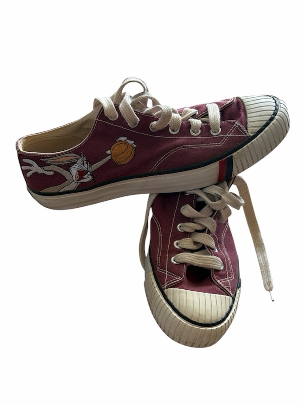 Vintage ‘93 Mens ‘Keds Burgundy Low-Top Canvas Sneakers w/ Bugs Bunny Basketball